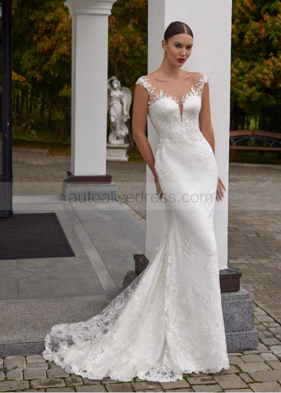 Cap Sleeves Ivory Lace Tulle V Back Chic Wedding Dress